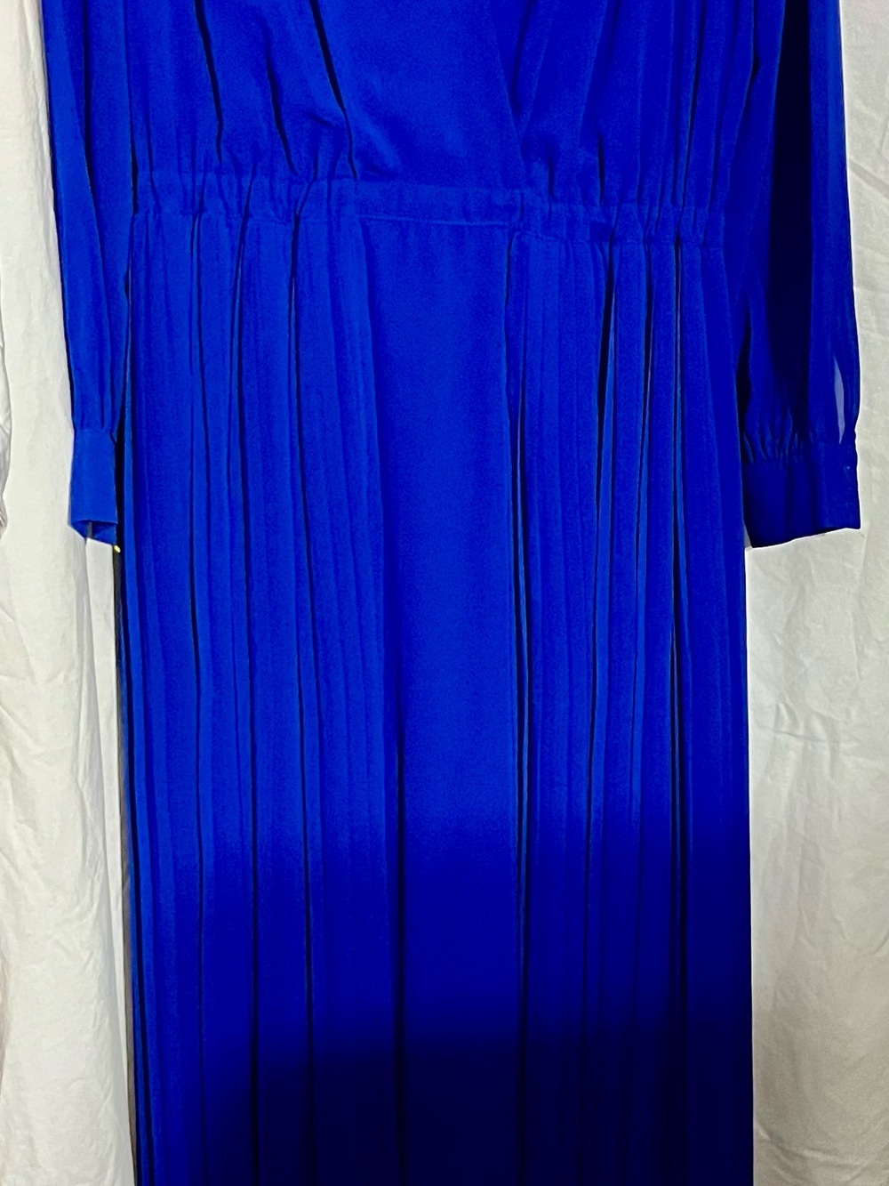 Splash Long-Sleeve Pleated Maxi Dress in Cobalt Blue